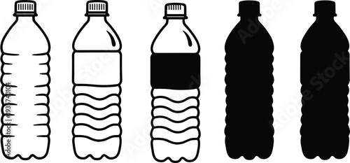 Plastic water bottle icon set, beverage bottle silhouettes with labels and caps, drink container vector illustration collection
