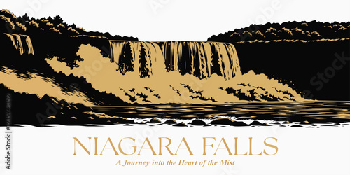 Niagara Falls Luxury Silhouette – Black & Gold Panoramic Vector Poster, Elegant Night Landmark Design, Iconic United States Waterfall