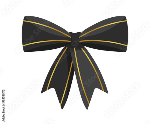 Black and gold elegant decorative bow. Luxury stylish ribbon in glamorous metallic gold on a dark backdrop. Perfect for premium packaging.