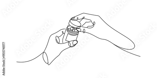 Line drawing illustrating a pair of hands opening a small container, possibly a pill bottle Vector, illustration