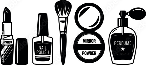 Minimalist flat design cosmetic icons set close up lipstick nail polish makeup brush compact powder mirror vintage perfume atomizer black