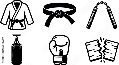 Flat design martial arts equipment icons close up black gi belt nunchaku punching bag boxing glove breaking board minimalist monochrome