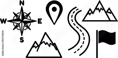 Minimal icon set vector travel symbols compass pin mountains winding road and flag black outline on white background flat line