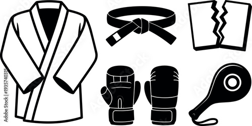 Flat design close up martial arts gi belt gloves broken board focus on training equipment simple vector icons black white