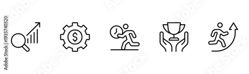 Success and growth web icons inline style. Handshake, growth profit, innovation, increase sale, coaching, progress, strategy, achievement, collection. Vector illustration.