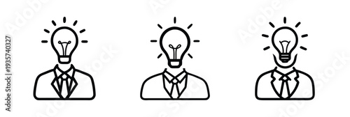 Creative businessman line icon set featuring person with light bulb head for big idea innovation brain solution and intelligence and more vector illustration or editable stroke