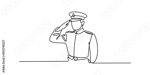 A continuous line drawing of a person in uniform saluting, representing honor and respect Vector, illustration