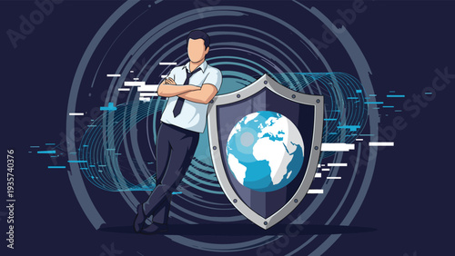Cybersecurity and global protection concept with a confident professional leaning on a shield featuring a world globe map.