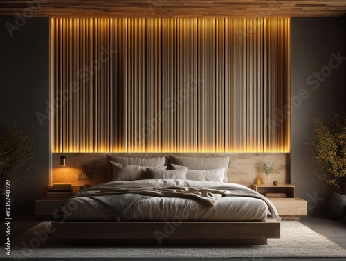 Cozy bedroom with warm wood accent wall. Soft lighting enhances modern minimalist vibe. Bed rests on neutral-toned rug with wooden nightstands. Plants add touch of nature to darkened room