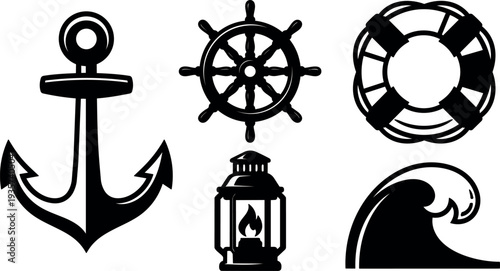 Flat design nautical icon set collection showing anchor ship wheel lifebuoy lantern ocean wave close up isolated black vector silhouettes