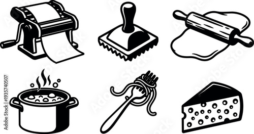 Line art pasta making icons set showing pasta roller ravioli stamp rolling pin boiling pot fork with cheese wedge simple