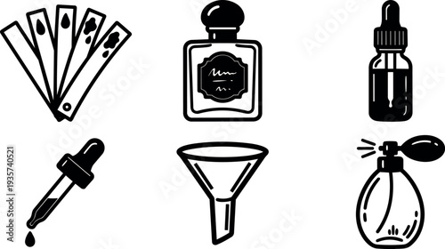 Line art perfume testing icon set showing scent strips dropper bottle perfume bottle funnel and atomizer in flat black vector