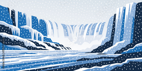 Niagara Falls Winter Freeze – Frozen Edges, Misty Atmosphere, Ultra‑Wide Minimalist Flat Vector Panorama, Iconic Natural Wonder, United States