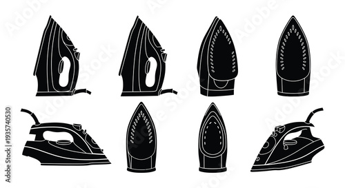 Various perspectives of black and white electric clothing irons displayed