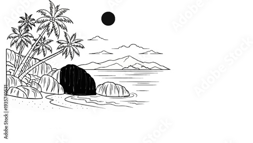 Tropical beach scene with palm trees, rocks, and distant mountains under a black sun