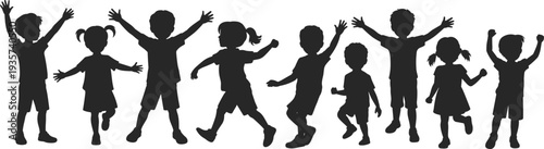 Playful children silhouettes jumping, dancing, raising arms, joyful kids group activity, childhood fun, energetic poses, happy boys and girls together