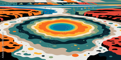 Grand Prismatic Spring Aerial – Vibrant Thermal Pool Colors, Ultra‑Wide Flat Vector Panorama, Iconic Yellowstone Geothermal Wonder, United States