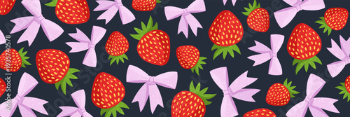 Cute background with strawberries and decorative bows. Playful repeating pattern featuring fresh red strawberries and ribbon elements, perfect for summer designs, textile prints, wrapping paper.