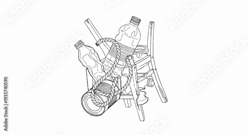 Wireframe sketch of items bound with rope, appearing as assemblage