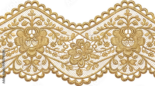 Golden Floral Lace Trim on White Background