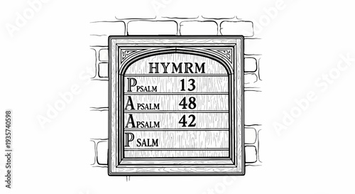 Wooden hymnal board on brick wall lists psalms
