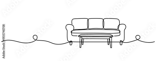 Sofa and coffee table sketched in continuous line living room. none editable strokes