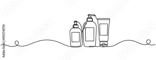 Cosmetic bottles and tube grouped on continuous line surface. none editable strokes