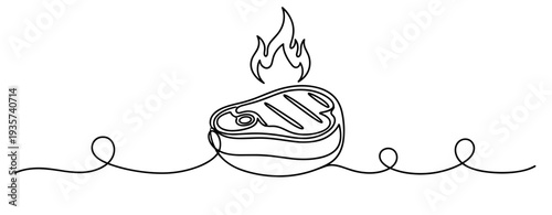 Steak with flame sizzling on grill in line drawing. none editable strokes