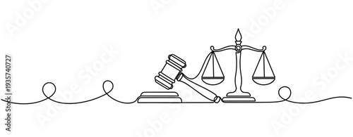 Gavel and scales placed together on continuous line drawing. none editable strokes