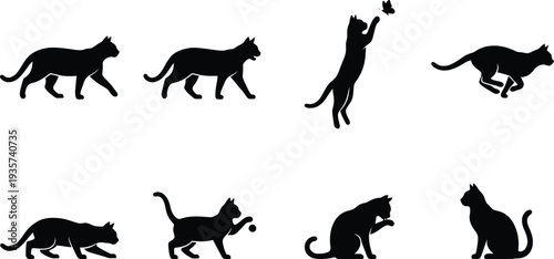 Set of playful black cat silhouettes showcasing various actions and poses