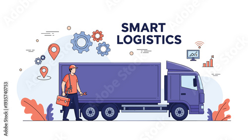Efficient smart logistics operation with a technician standing next to a blue delivery truck with various service icons.