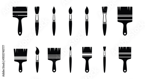Collection of various black silhouette paintbrushes arranged in two rows