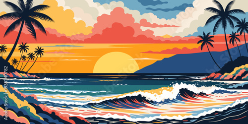 Hawaii Tropical Beach Sunset – Palm Tree Silhouettes, Ultra‑Wide Flat Vector Panorama, Warm Island Horizon Scene, United States