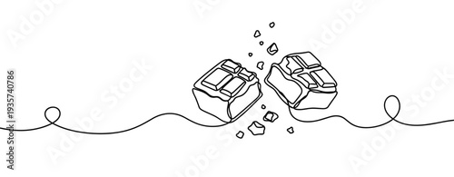 Broken chocolate bar pieces scattered on white surface. none editable strokes