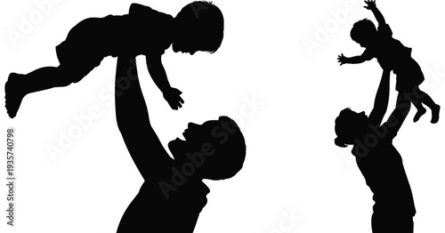 Silhouette family bonding, parents lifting children, joyful playtime, happy childhood moments, parental love, outdoor fun, parenting concept, family happiness, bonding illustration