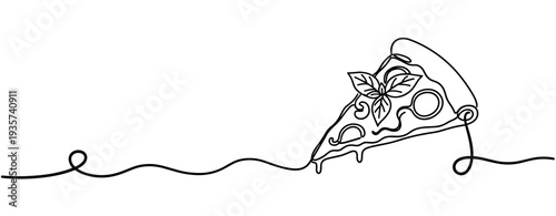 Pizza slice with basil and dripping cheese on single line. none editable strokes