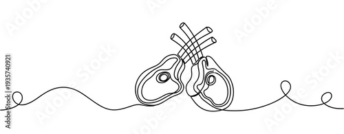 Lamb chops crossing on continuous line kitchen background. none editable strokes