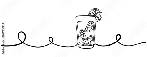 Glass with lemon slices sitting on wavy line background. none editable strokes