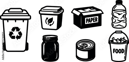 Line art recycling icon set showing trash bin paper box plastic bottle jar tin can food waste bucket compost symbols