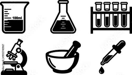 Minimalist vector lab icons set beaker flask test tube microscope mortar and pestle pipette measuring markings flat design black white