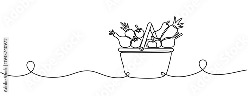 Basket filled with vegetables in continuous line drawing scene. none editable strokes