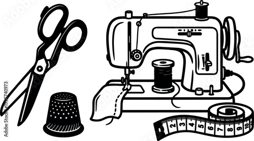 Vintage black and white vector sewing machine with scissors thimble and measuring tape close up side angle composition stitching tools