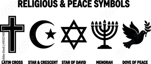 Flat design row of five religious symbols including latin cross star and crescent star of david menorah and dove icons