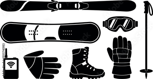 Flat design top view winter sports gear set with skis snowboard boots goggles gloves pole and radio in silhouette collection