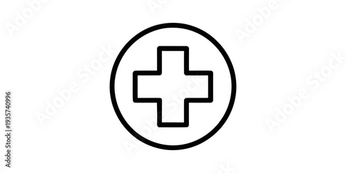 A simple line art illustration of a medical cross symbol enclosed within a clean circular frame, representing health and first aid. Vector, illustration