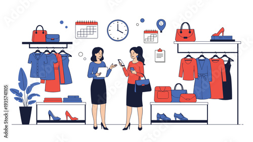 Retail shopping experience in a boutique clothing store where two women discuss fashion and style near racks of trendy dresses.