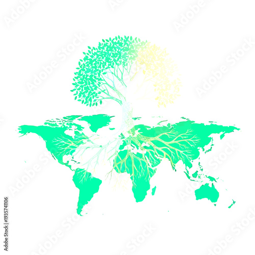 Vibrant Green Tree with Roots Spreading Across a World Map, Symbolizing Global Environment, Growth, and Interconnectedness