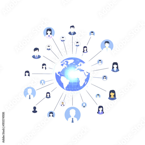 Global network of diverse people connecting worldwide. International communication, social media, and community concept.