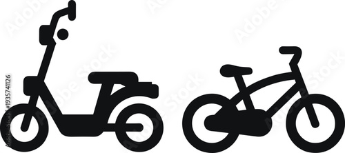 Scooter and bicycle silhouette icon set, urban eco transport vehicles, delivery scooter and city bike vector illustration