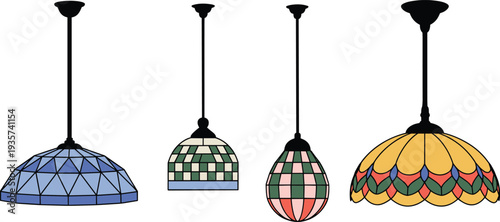 Vintage stained glass pendant lamp collection with geometric and floral Tiffany style designs, decorative hanging ceiling lights isolated on white background illustration